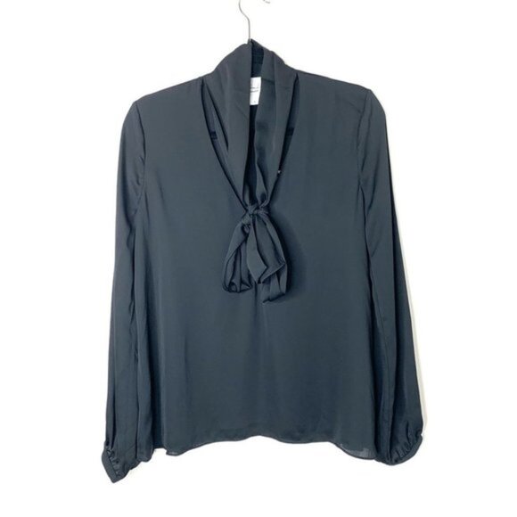 Revolve L'Academie 70's Blouse Neck Tie Black Long Sleeve Satin Size XS - Picture 5 of 14